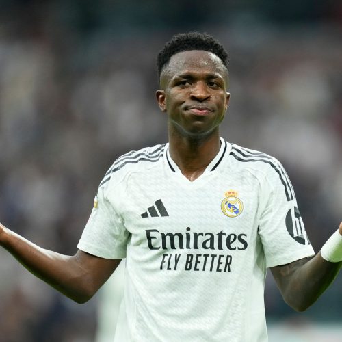 Vinicius Junior left winger of Real Madrid and Brazil third goal during the La Liga match between Real Madrid CF and CA Osasuna at Estadio Santiago Bernabeu on November 10, 2024 in Madrid, Spain. (Photo by Jose Breton/Pics Action/NurPhoto via Getty Images)