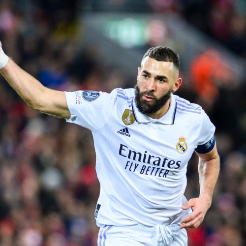 LIVERPOOL, ENGLAND - FEBRUARY 21: Karim Benzema of Real Madrid celebrates his goal during the UEFA Champions League round of 16 leg one match between Liverpool FC and Real Madrid at Anfield on February 21, 2023 in Liverpool, United Kingdom. (Photo by Richard Callis/Eurasia Sport Images/Getty Images)